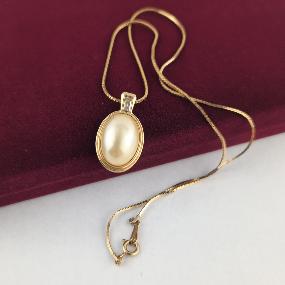 Vintage Avon Faux Pearl Pendant & Avon Necklace Gold Tone Snake Chain Rhinestone